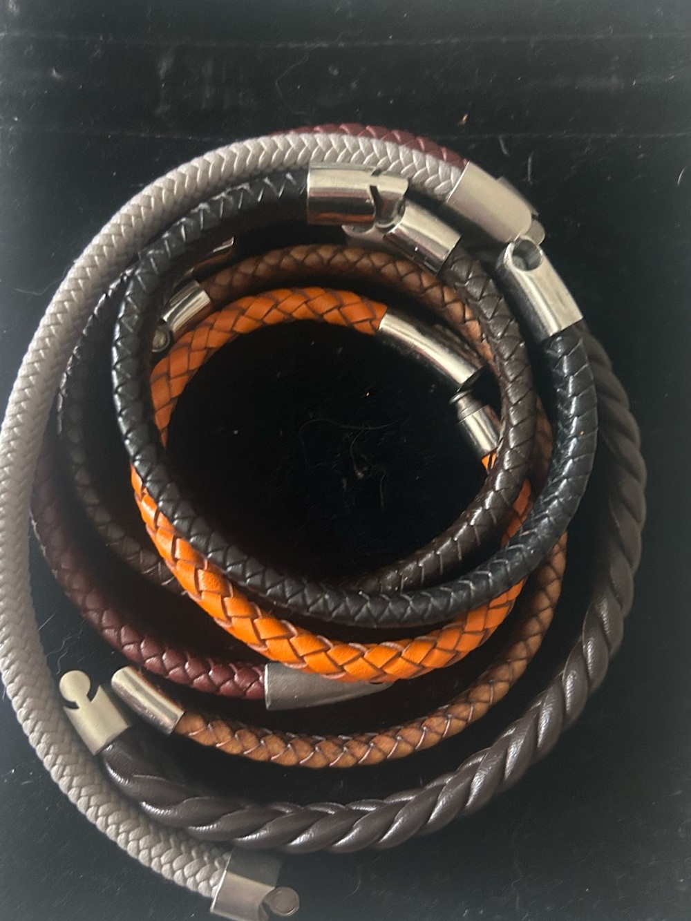 Men’s stack of Braided and Twisted Leather Bracelets -Orange, Brown, Black, Gray
